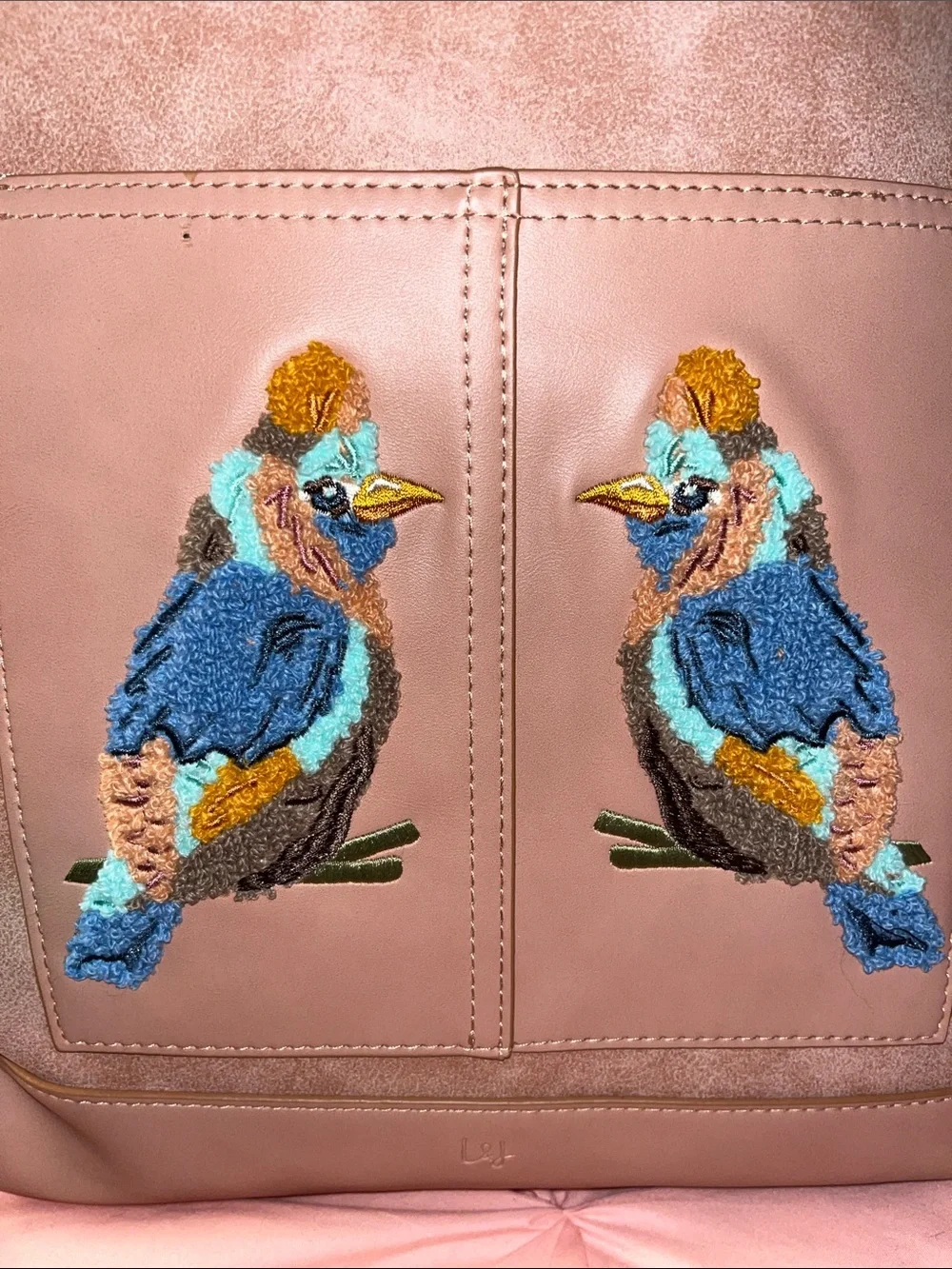 Pink Backpack with Embroidered Colorful Birds